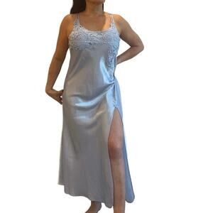 Blue Satin Lace Slip Midi Dress Silky Minimal Soft Girl Quiet Luxury  lace L